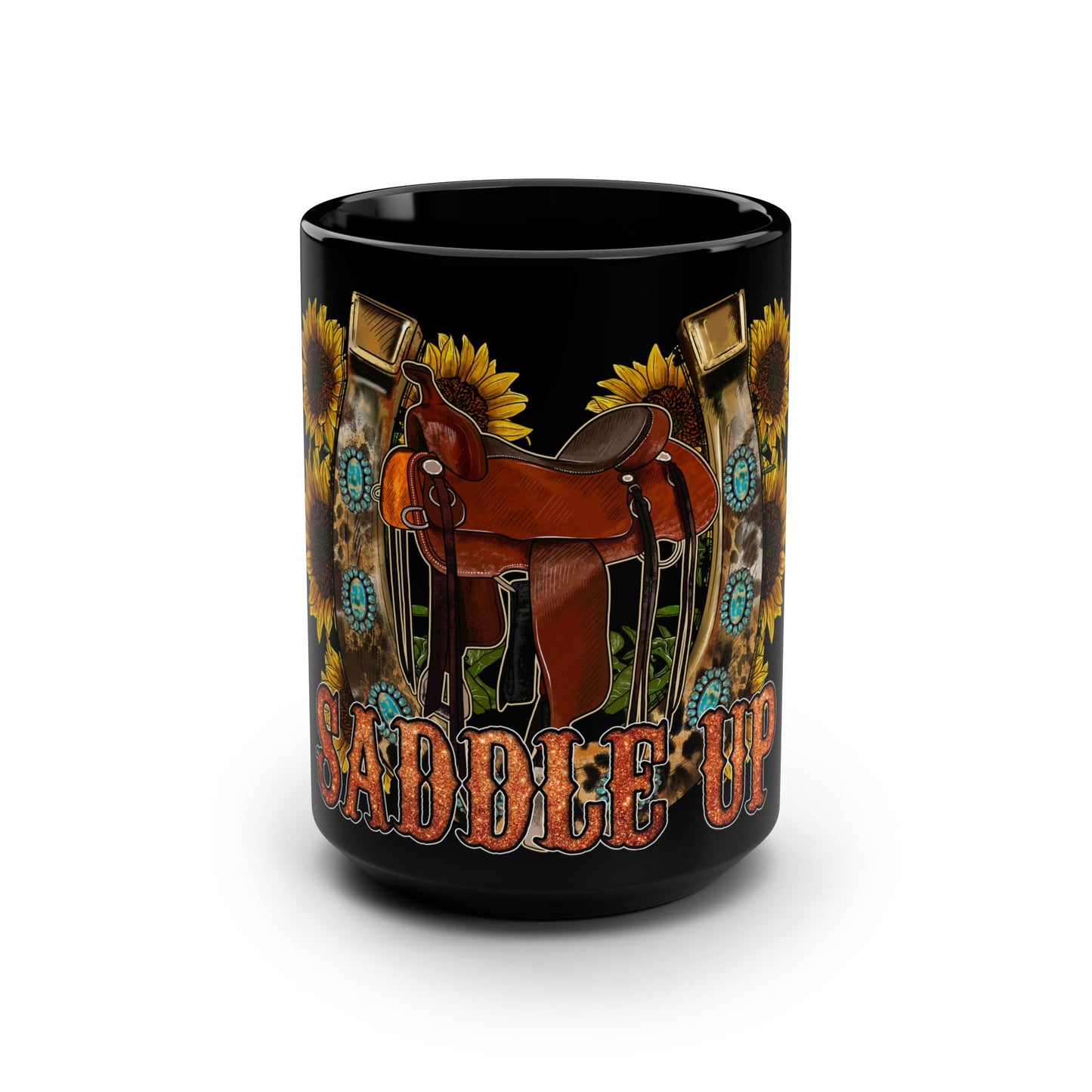 Saddle Up Coffee Mug — 15oz Black Cowboy Saddle & Sunflower Rustic Western Gift