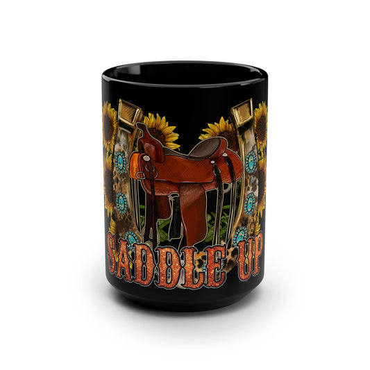Saddle Up Coffee Mug — 15oz Black Cowboy Saddle & Sunflower Rustic Western Gift